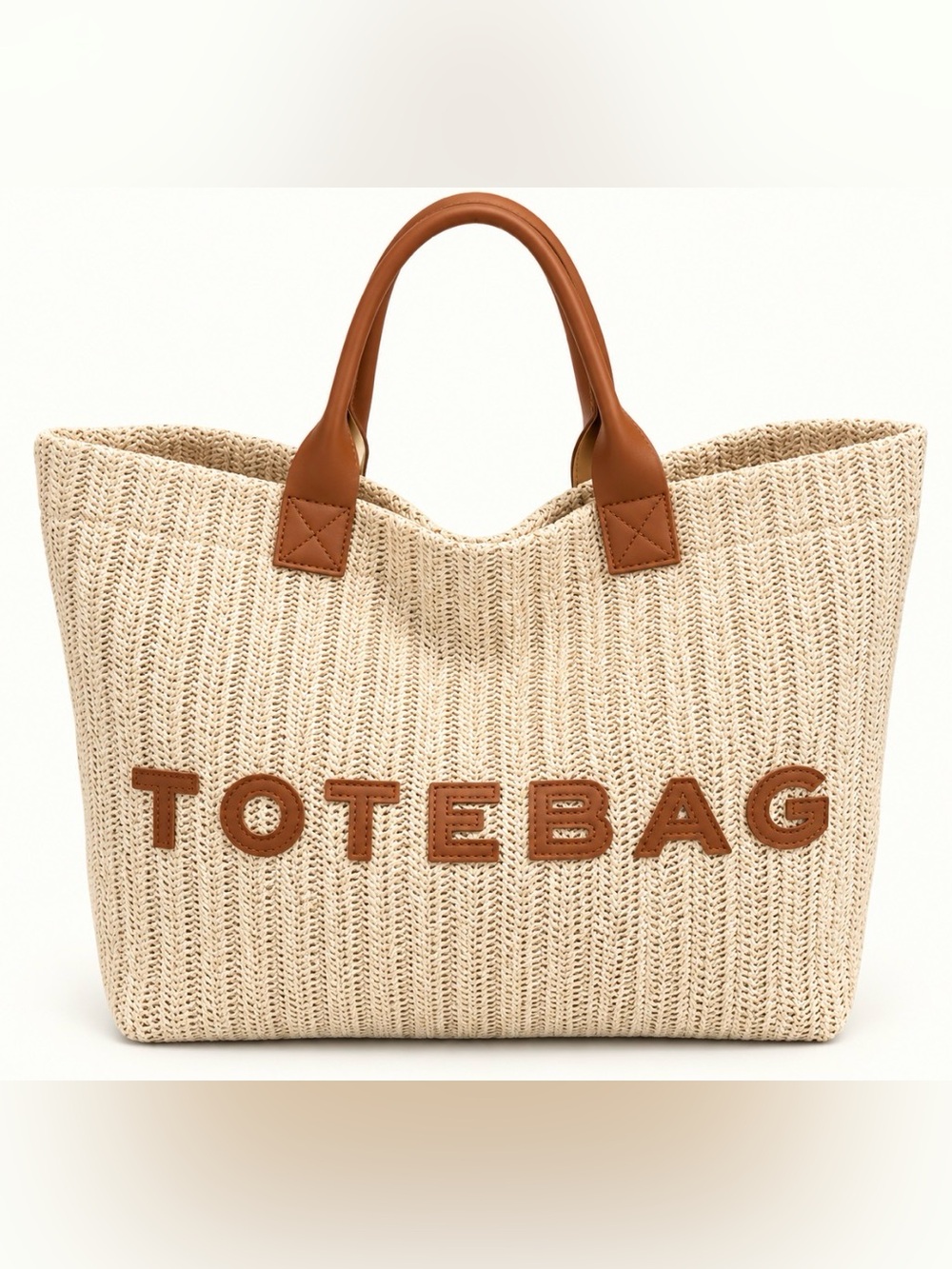 Woven Cream Tote Bag with Tan Leather Handles